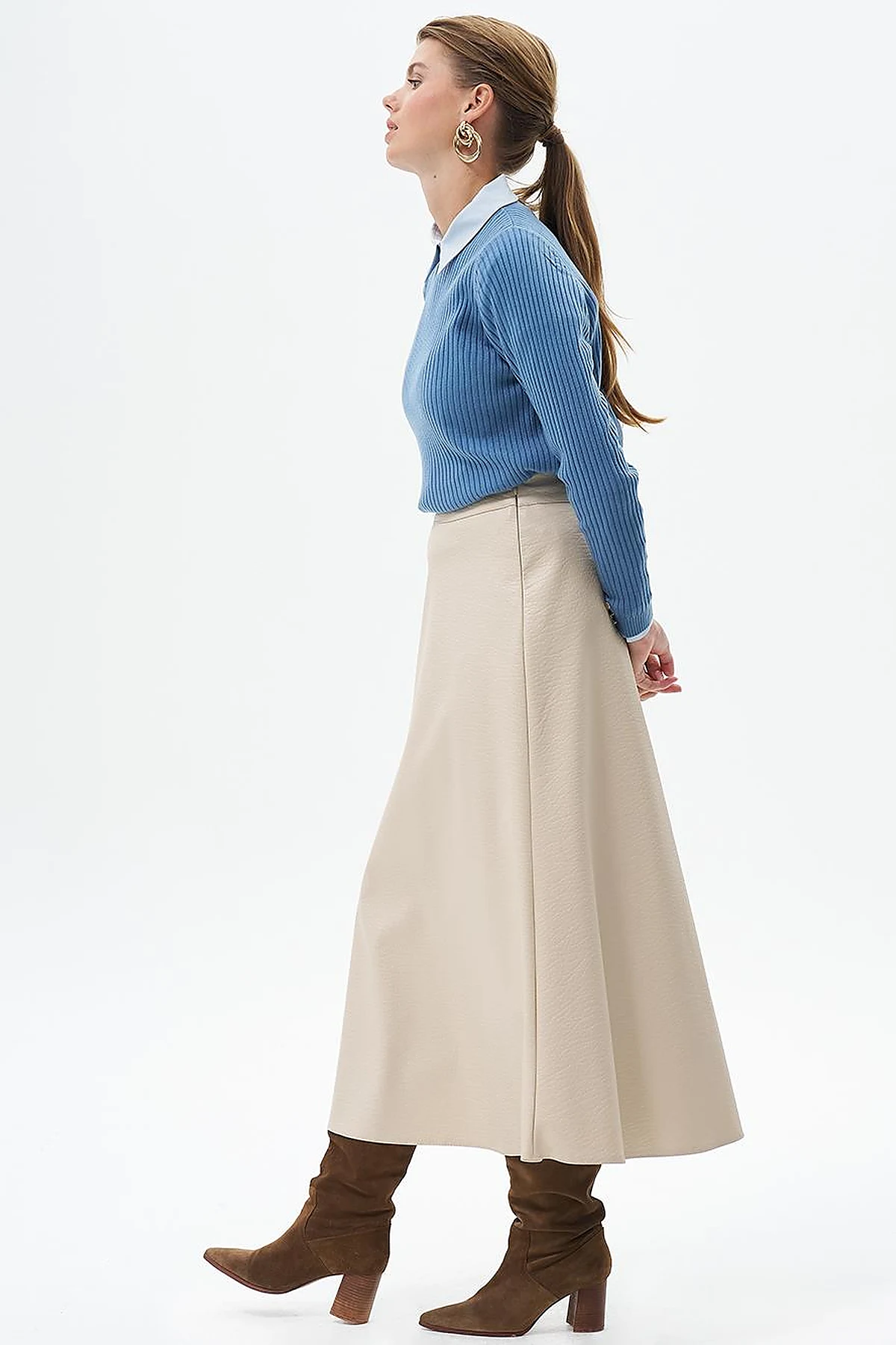 Faux Leather Flared Skirt Cream