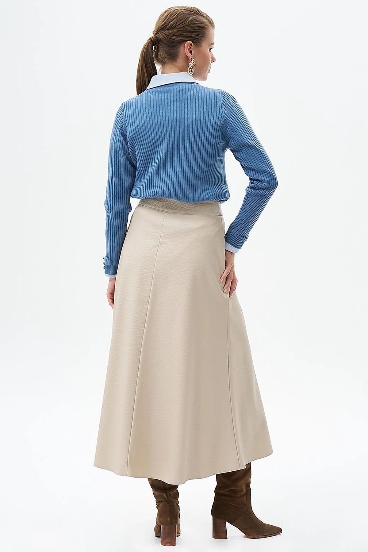 Faux Leather Flared Skirt Cream