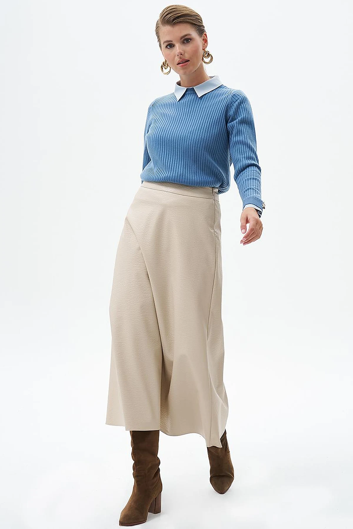 Faux Leather Flared Skirt Cream