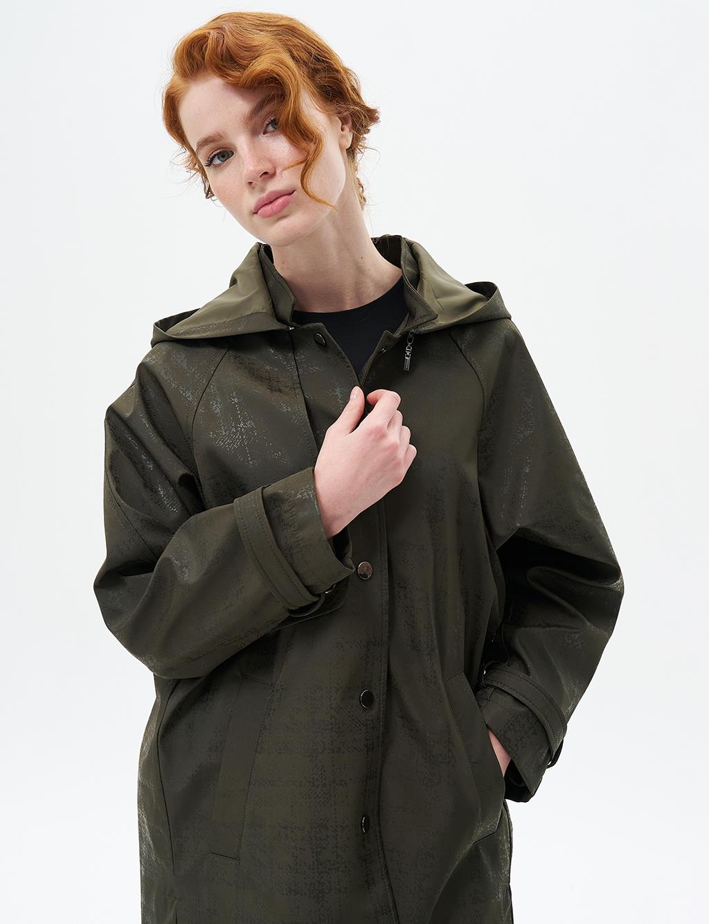 Hooded Coat with Epaulette Detail on Wrists Dark Khaki