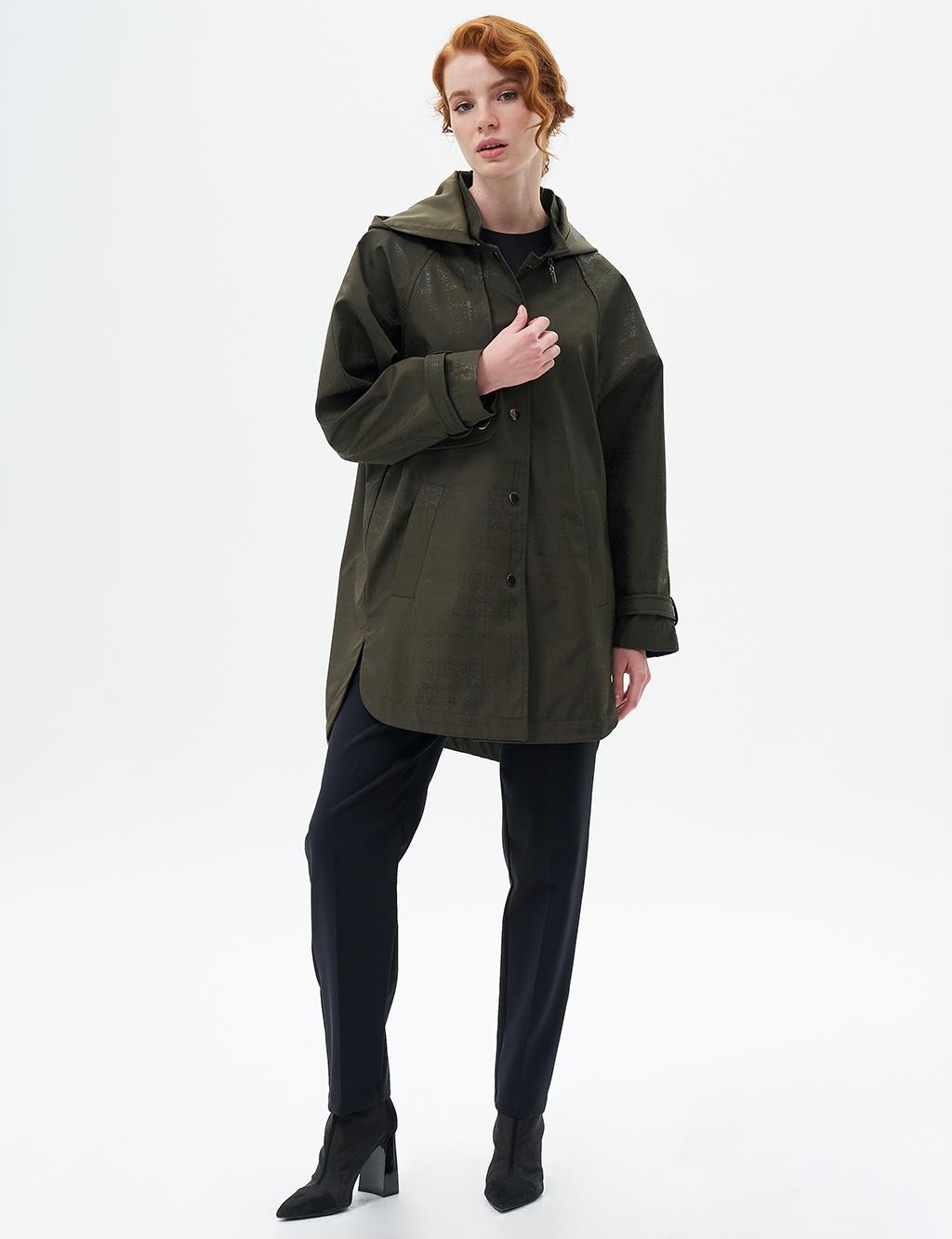 Hooded Coat with Epaulette Detail on Wrists Dark Khaki