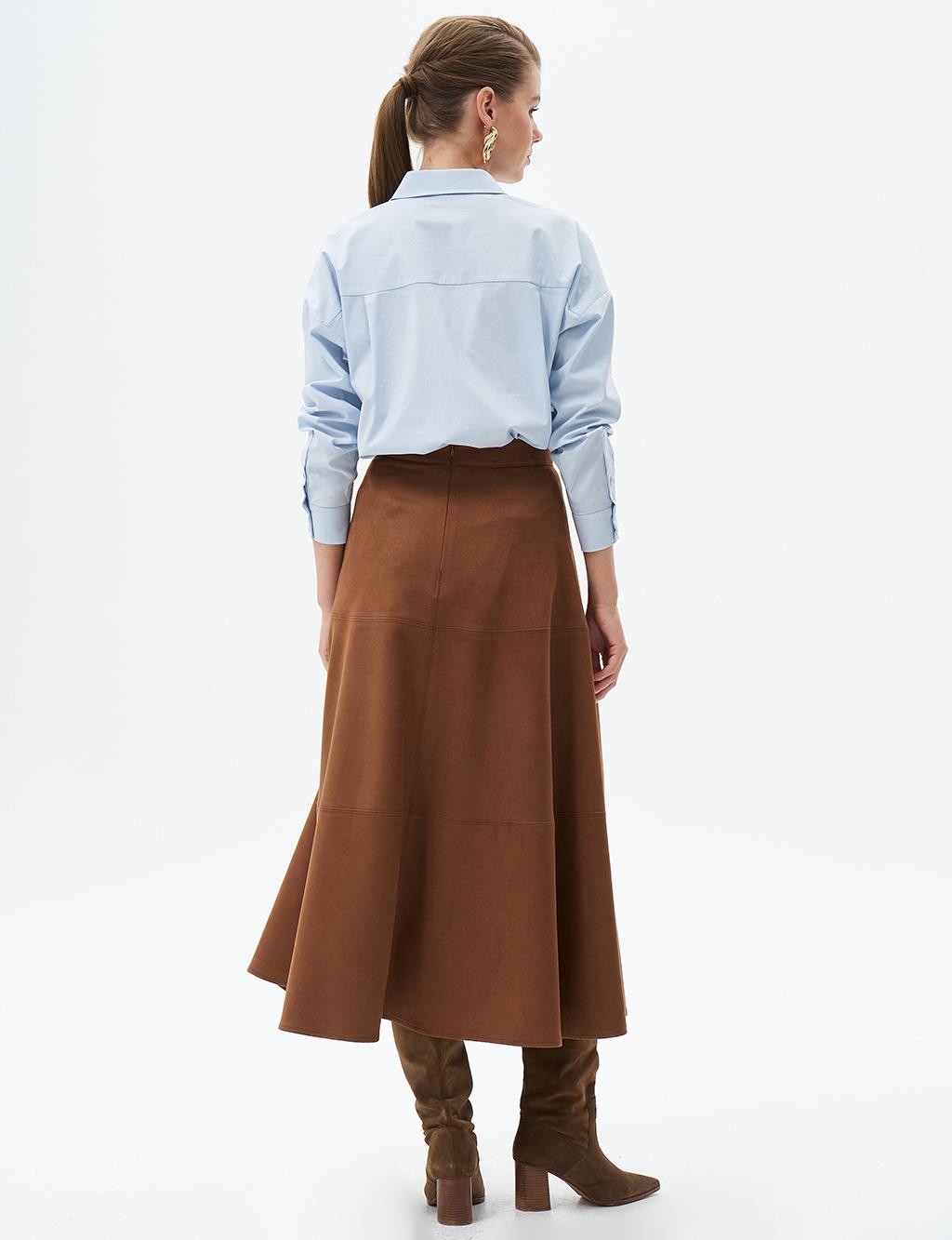 Suede Skirt with Stitching Detail Coffee