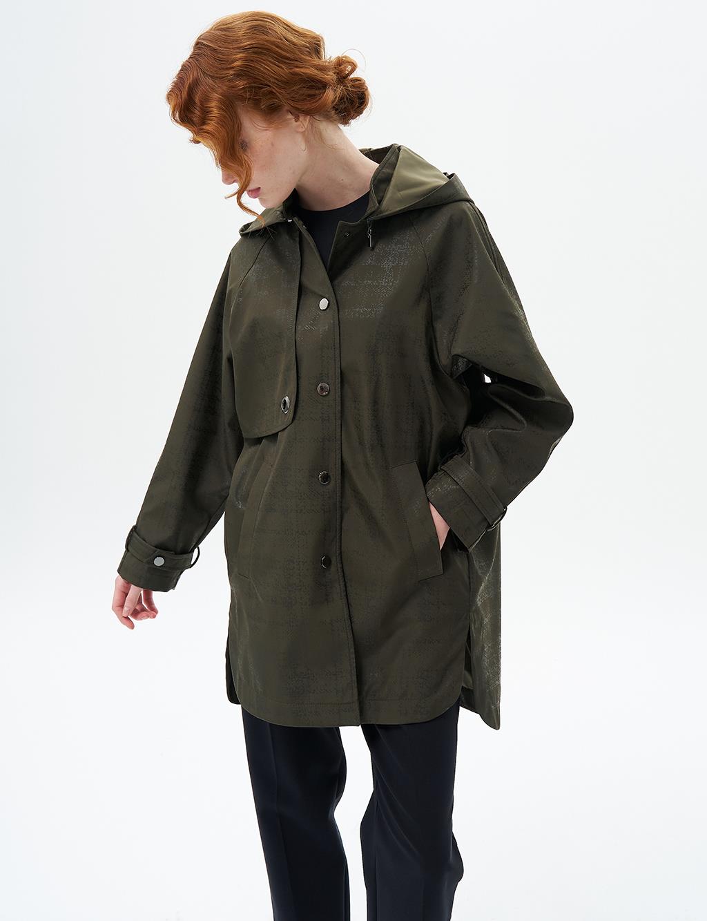Hooded Coat with Epaulette Detail on Wrists Dark Khaki
