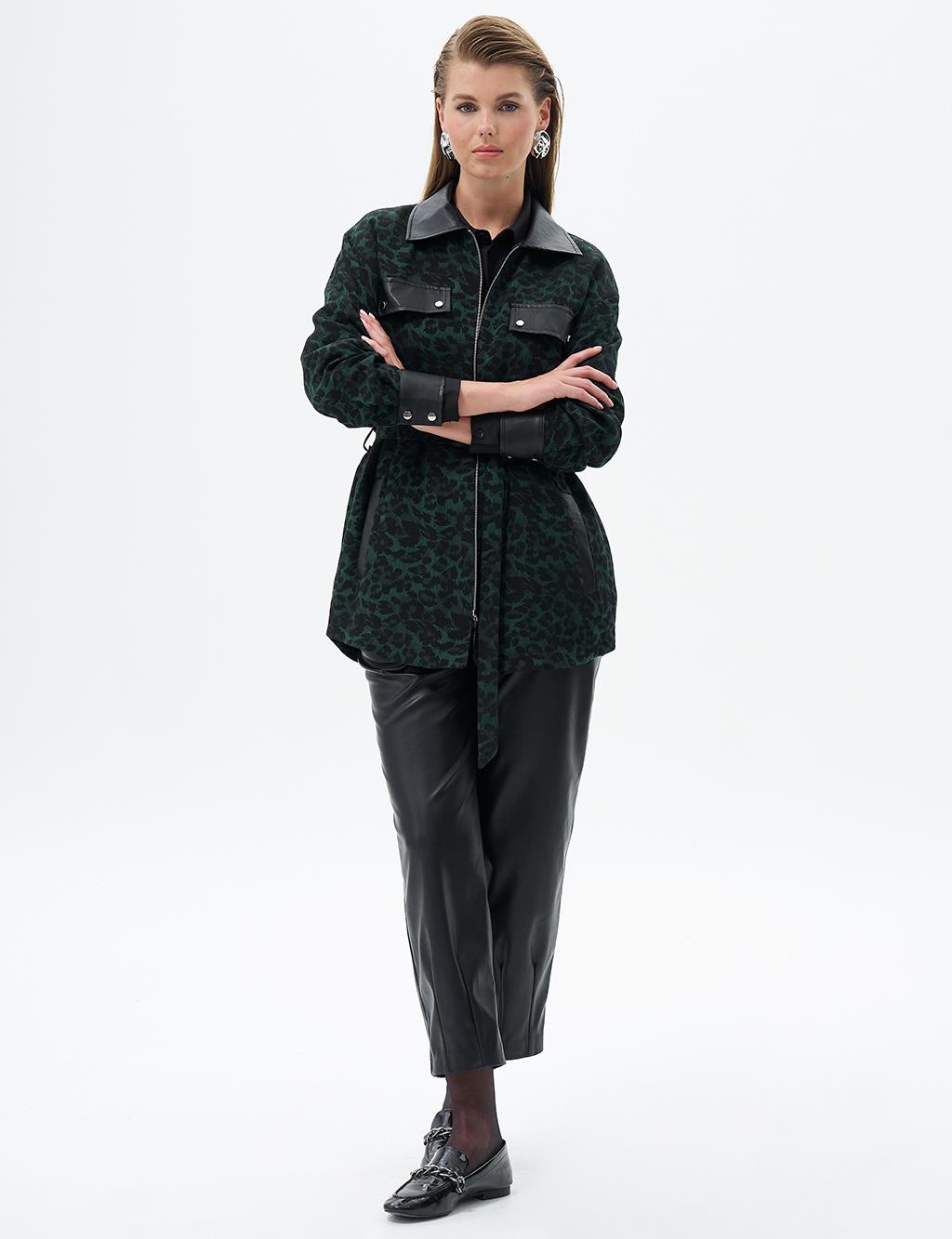 Leopard Print Belted Jacket Green