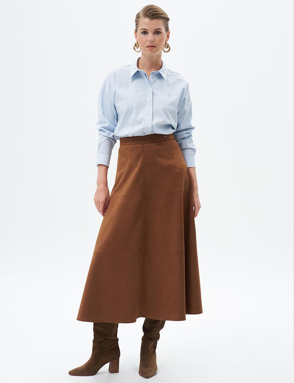 Suede Skirt with Stitching Detail Coffee