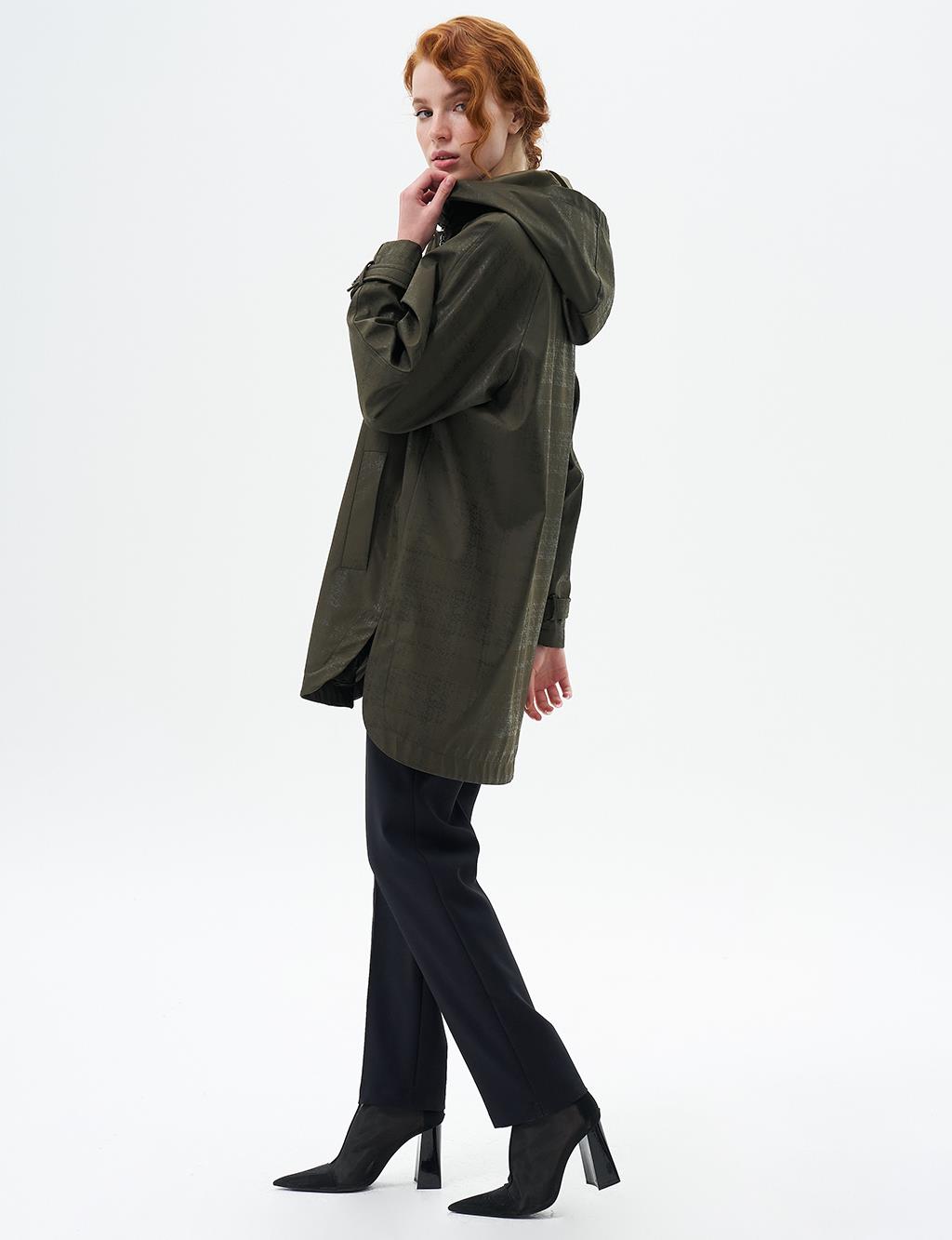 Hooded Coat with Epaulette Detail on Wrists Dark Khaki