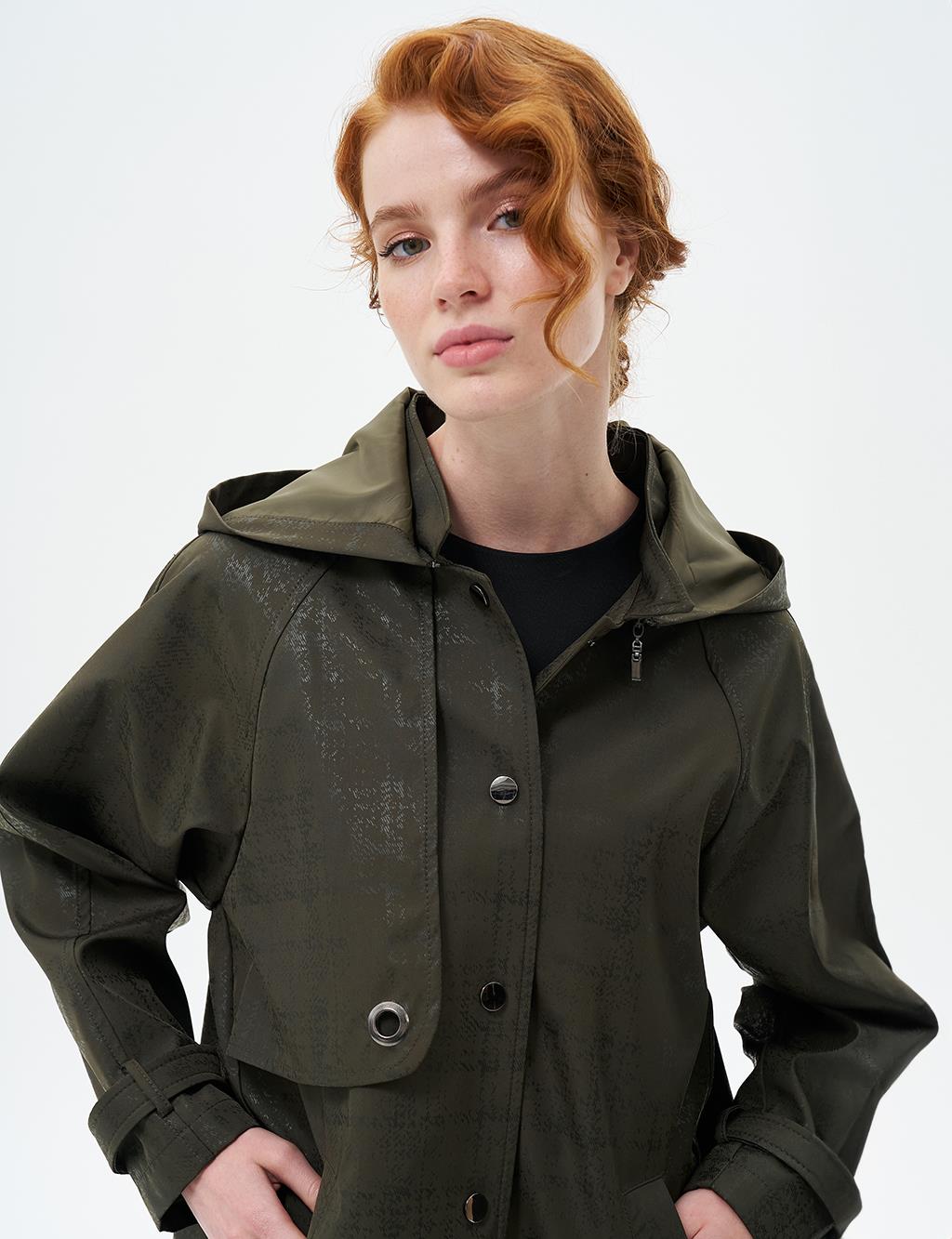 Hooded Coat with Epaulette Detail on Wrists Dark Khaki