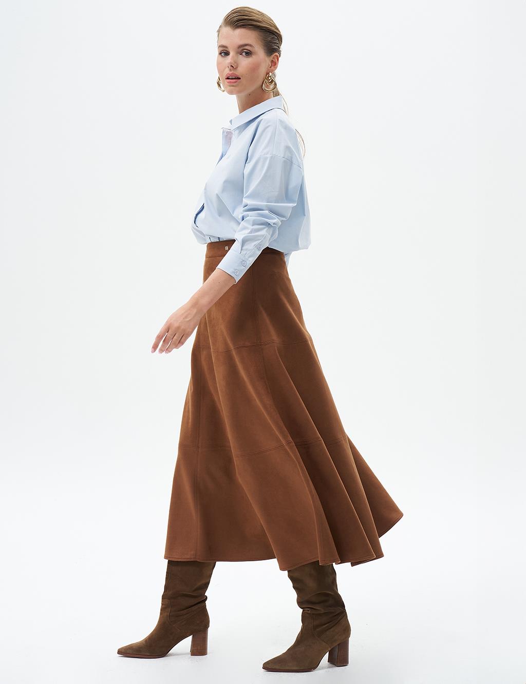 Suede Skirt with Stitching Detail Coffee