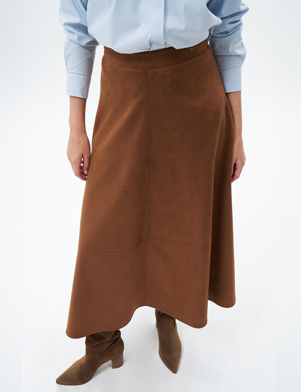 Suede Skirt with Stitching Detail Coffee