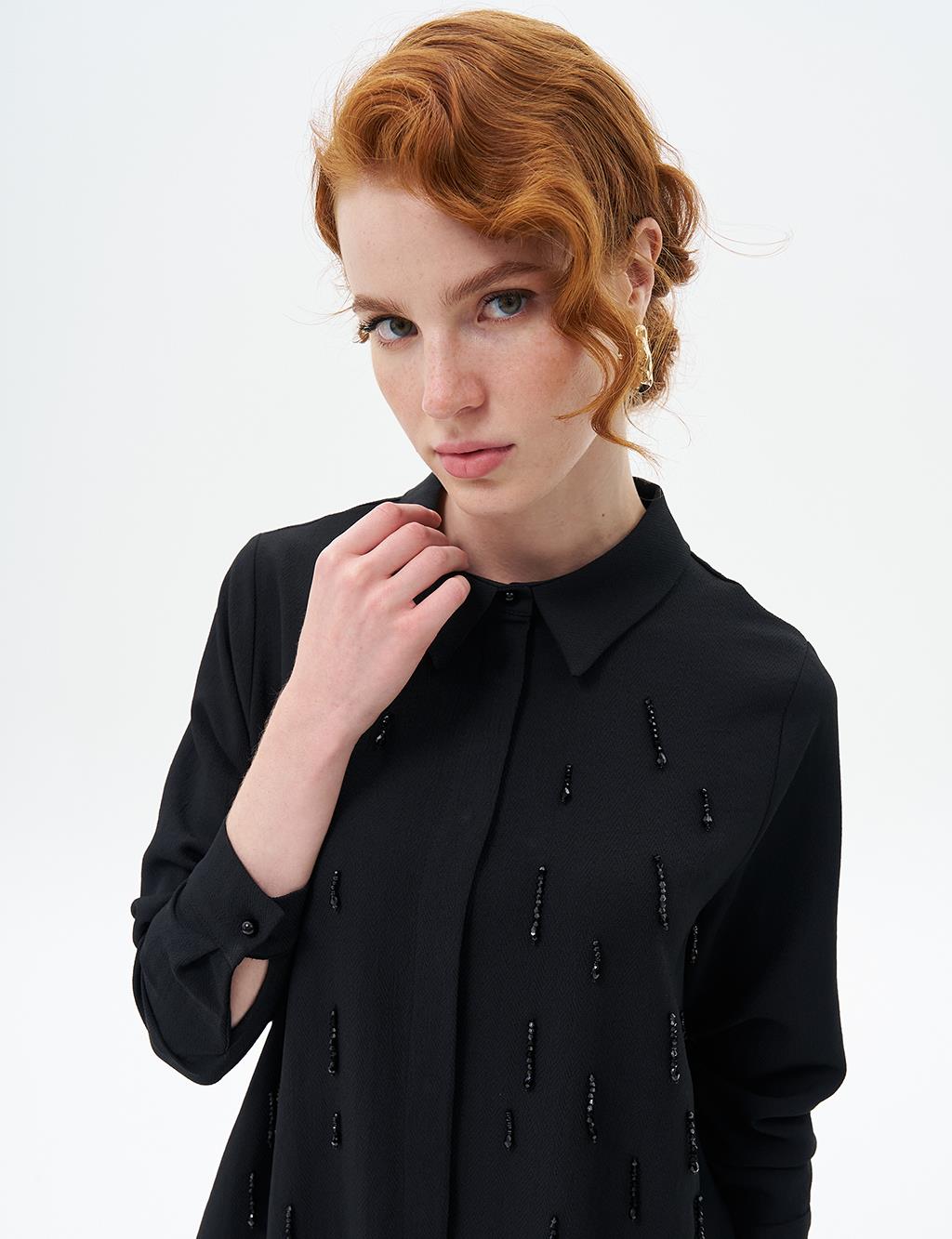 Stone-Embroidered Chic Tunic Black