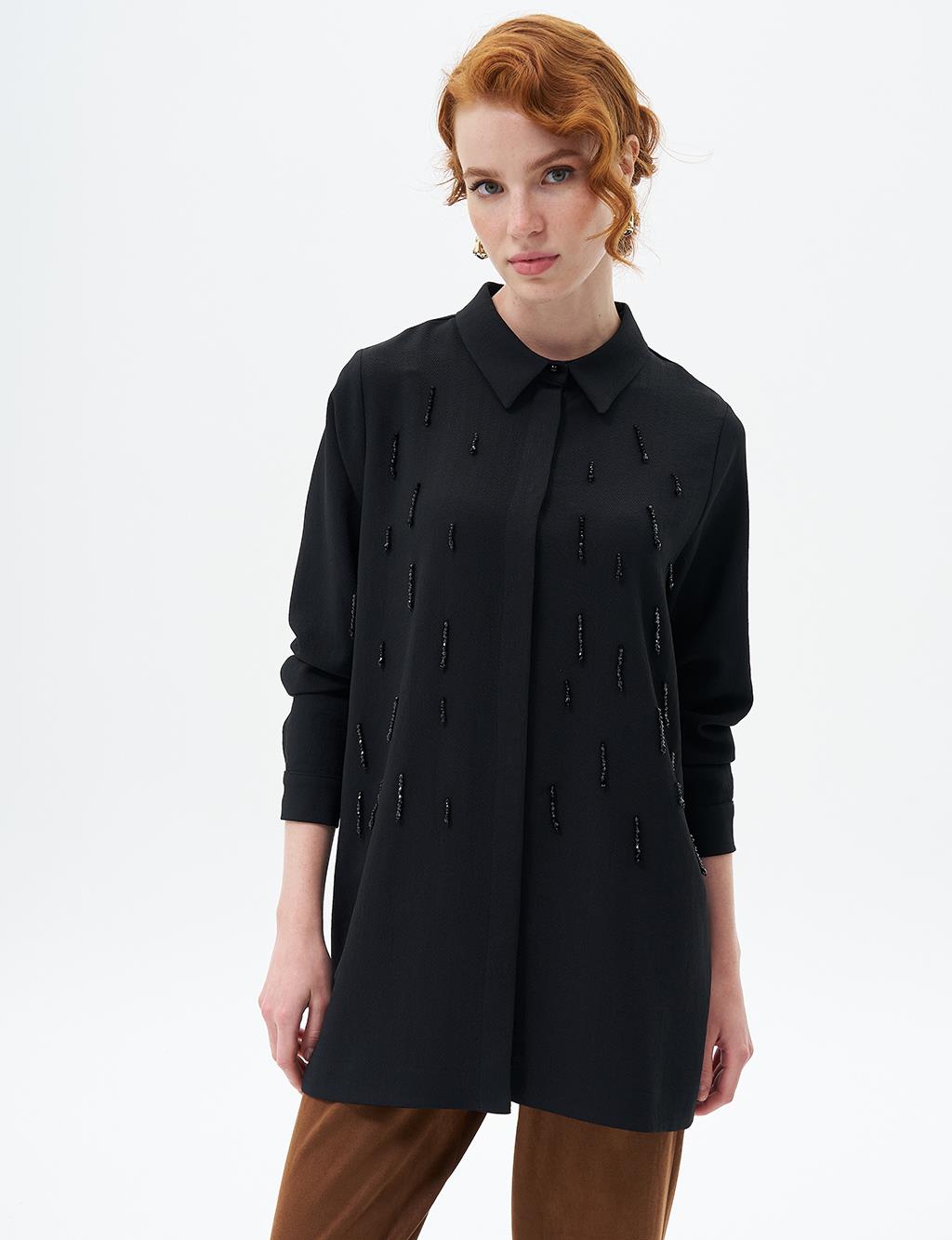Stone-Embroidered Chic Tunic Black