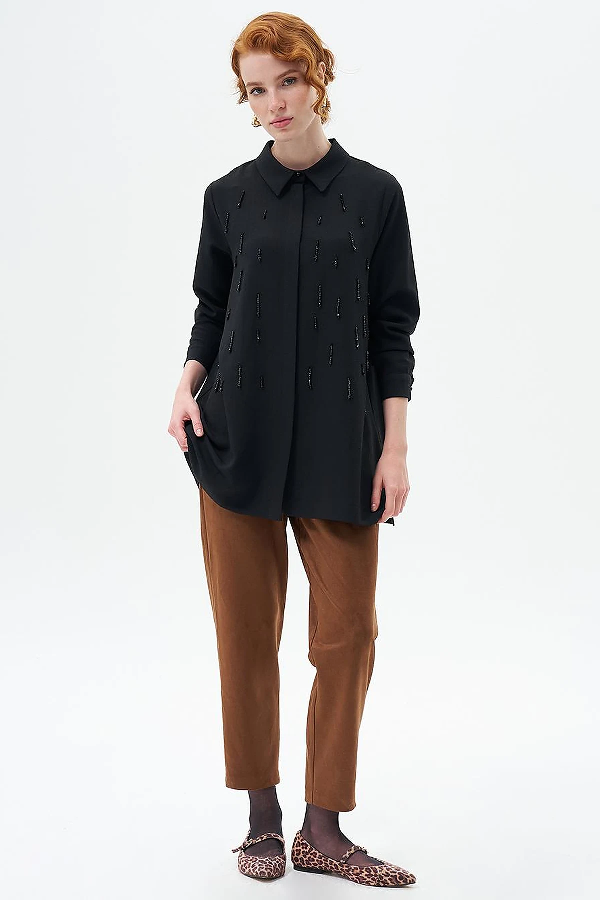 Stone-Embroidered Chic Tunic Black