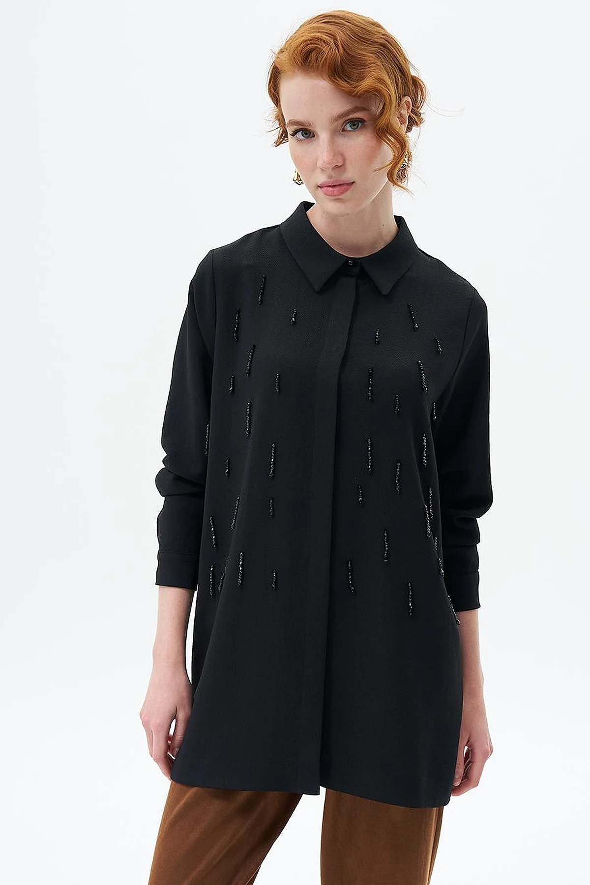 Stone-Embroidered Chic Tunic Black