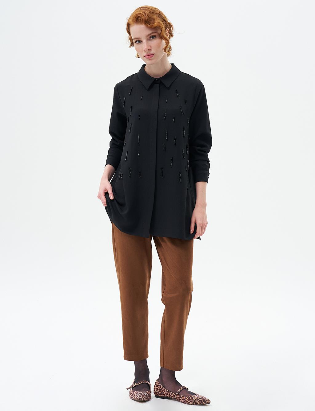 Stone-Embroidered Chic Tunic Black