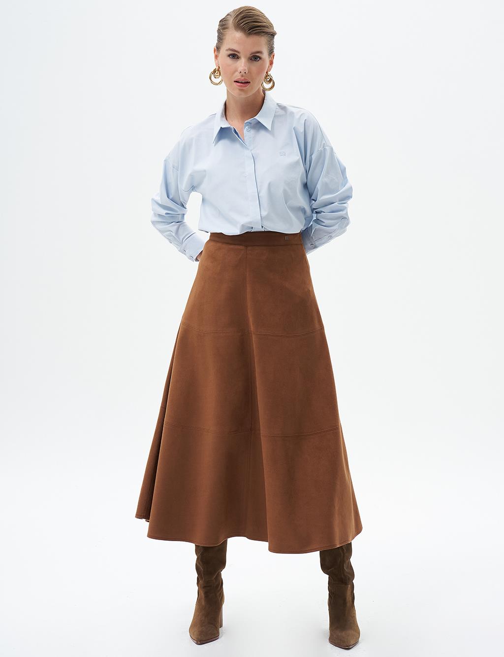 Suede Skirt with Stitching Detail Coffee
