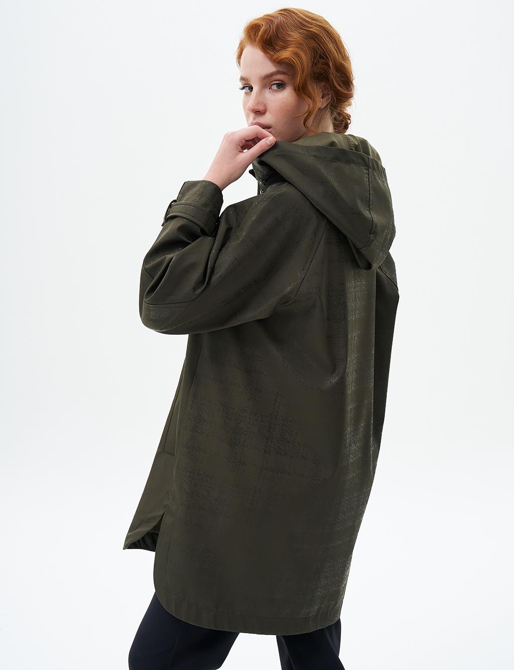 Hooded Coat with Epaulette Detail on Wrists Dark Khaki