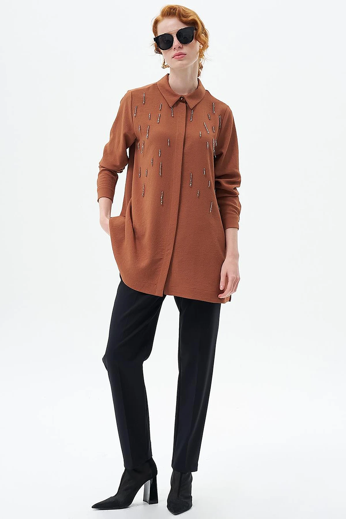 Stone-Embroidered Chic Tunic Tobacco