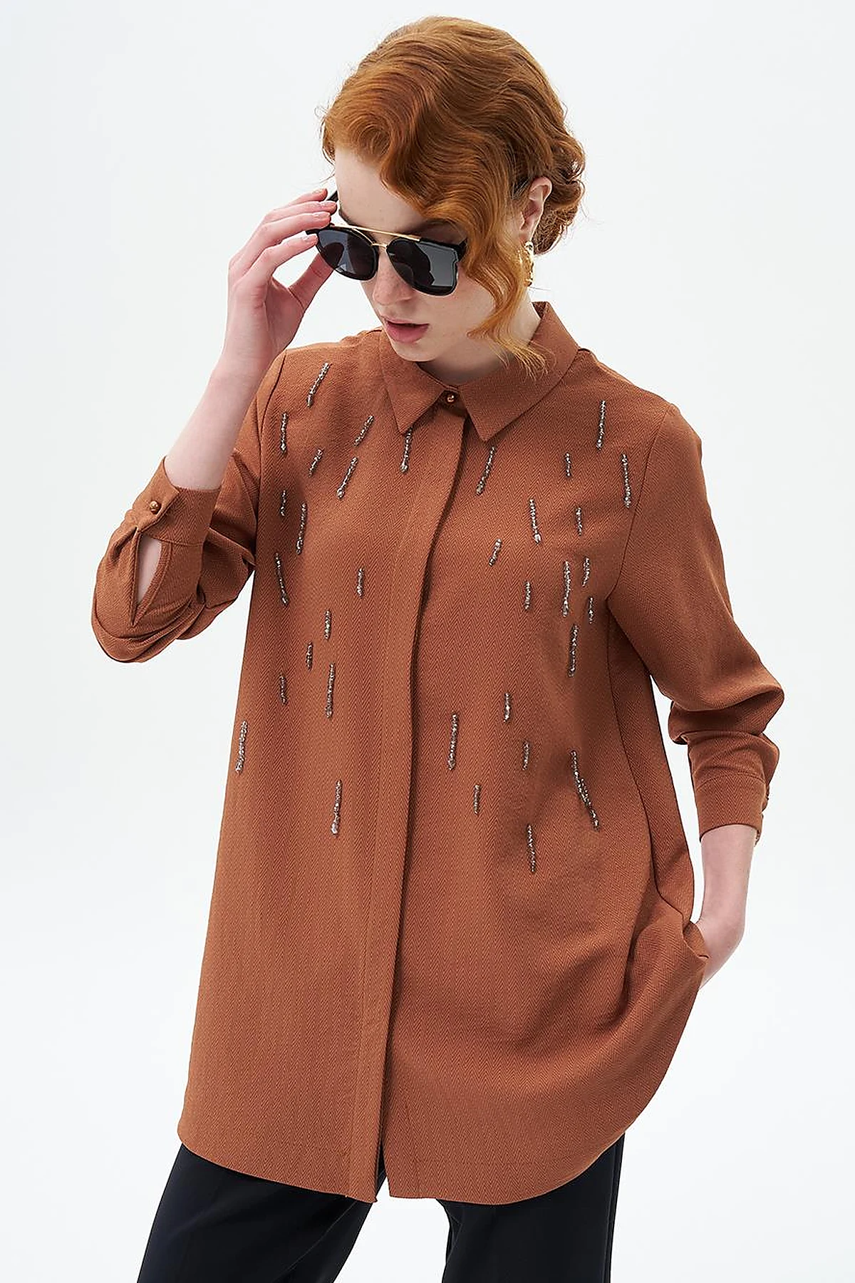 Stone-Embroidered Chic Tunic Tobacco