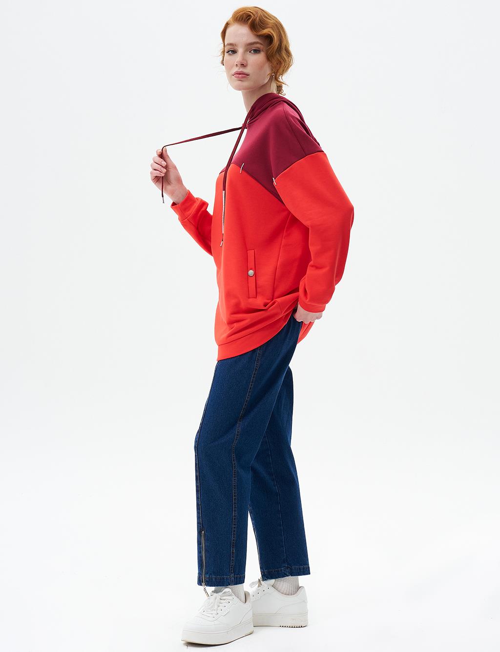 Kumaş Garnili Üç İplik Sweatshirt Kırmızı 