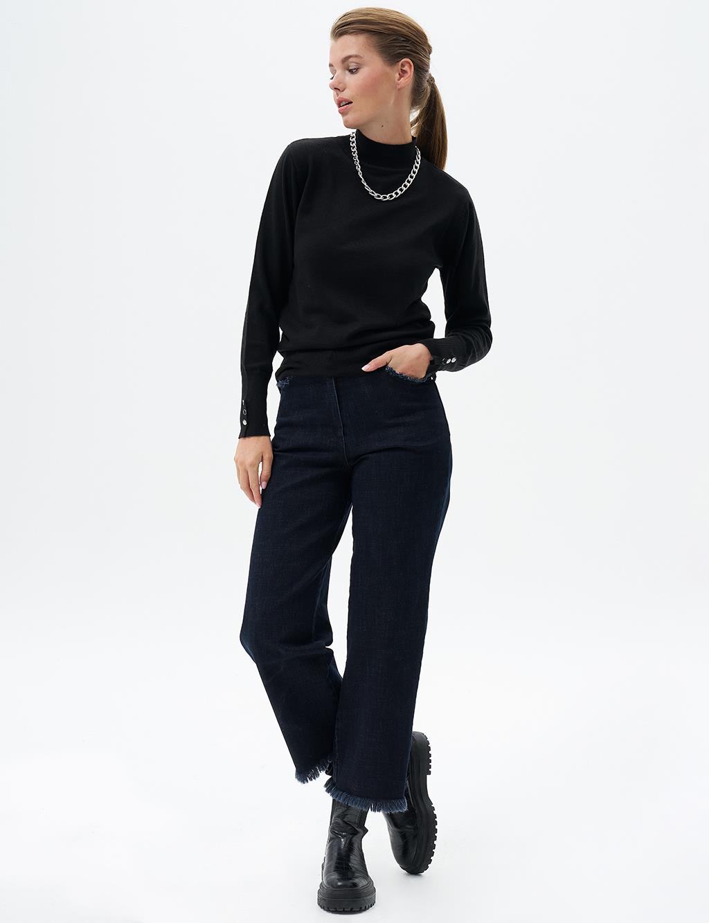 Fringed Denim Pants Navy Blue