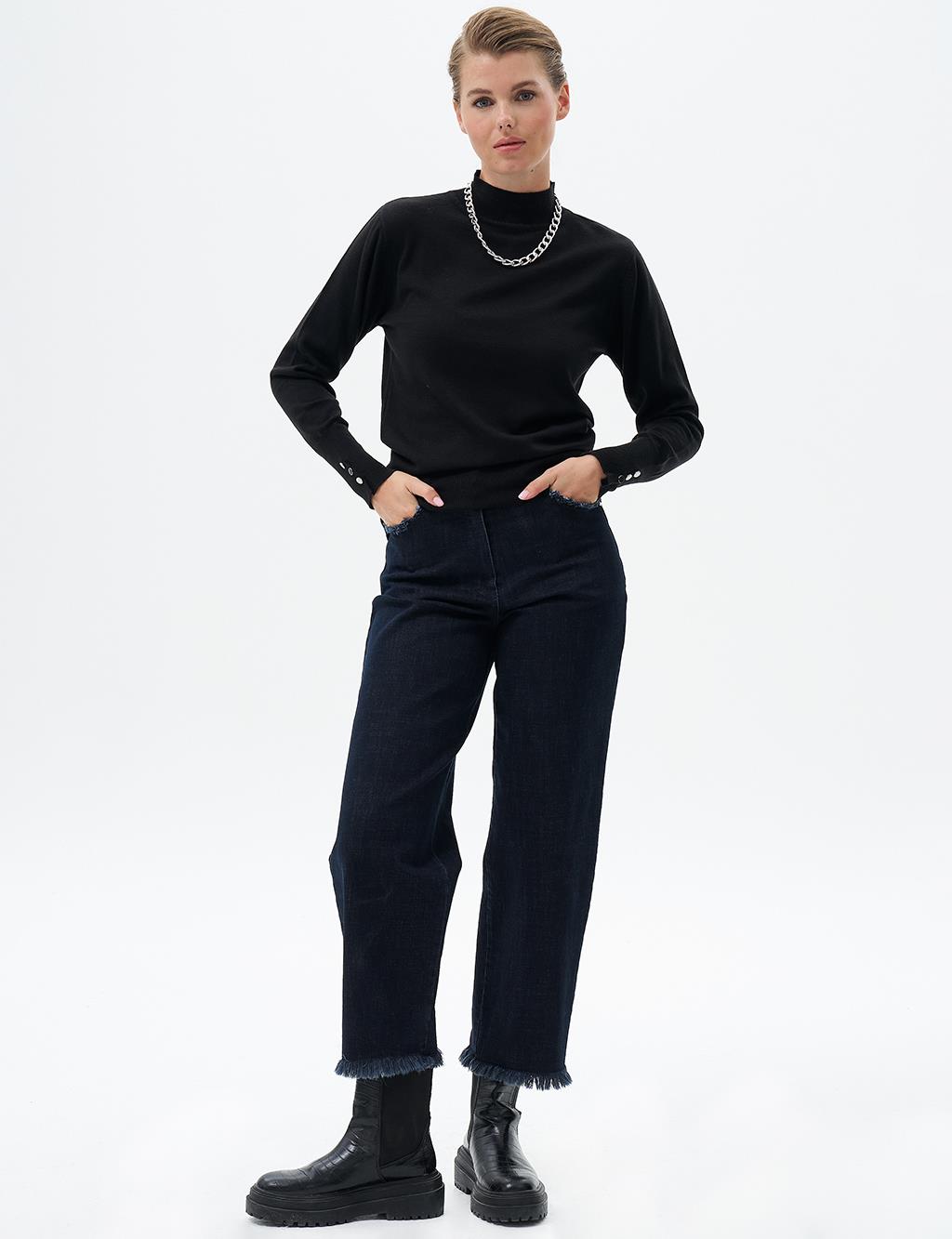 Fringed Denim Pants Navy Blue