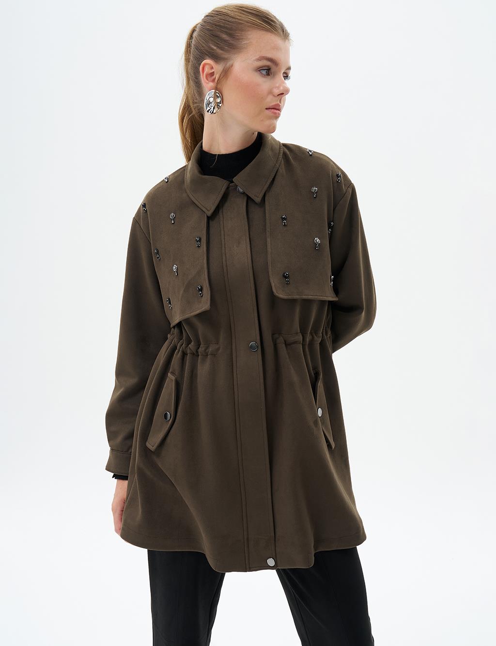 Stone Embroidered Suede Coat Dark Khaki