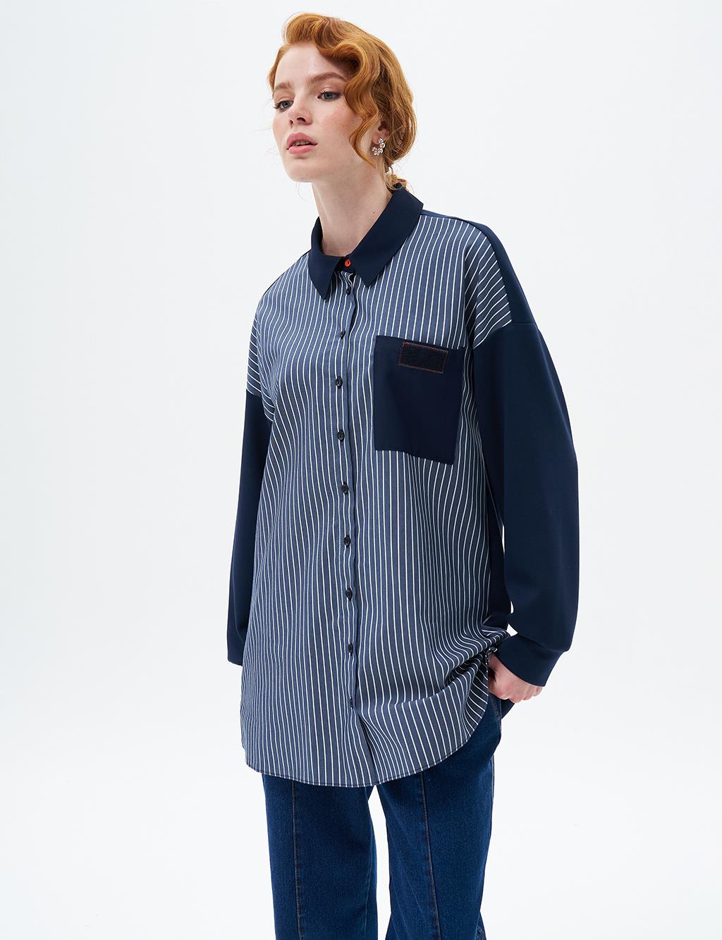 Line Pattern Garnished Tunic Navy Blue