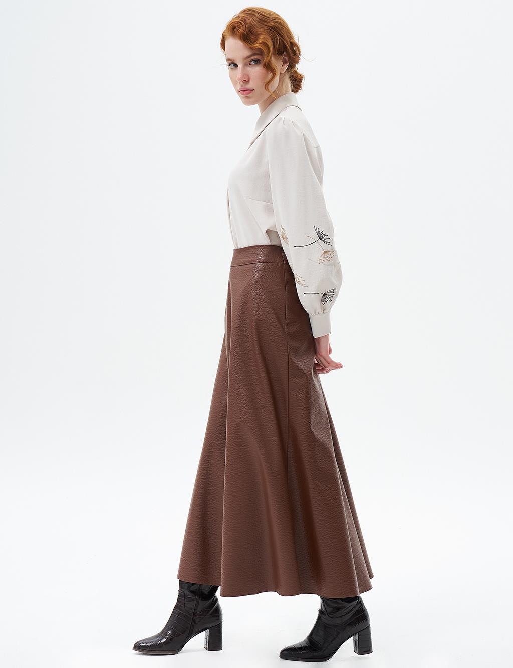 Faux Leather Flared Skirt Tan