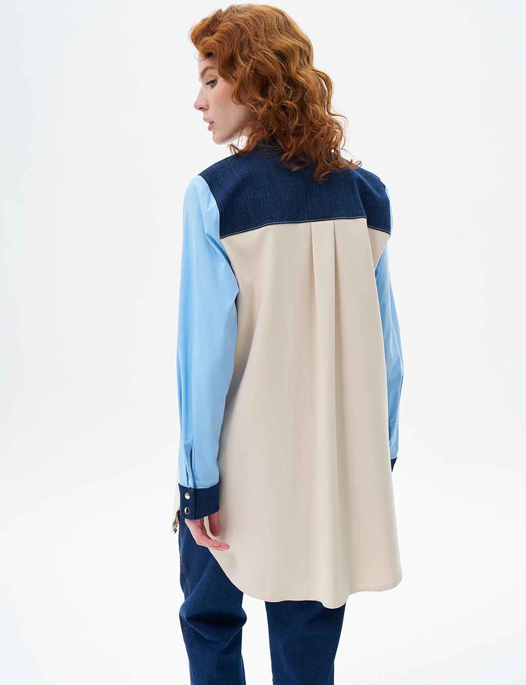 Color Block Zipper Closure Tunic Cream