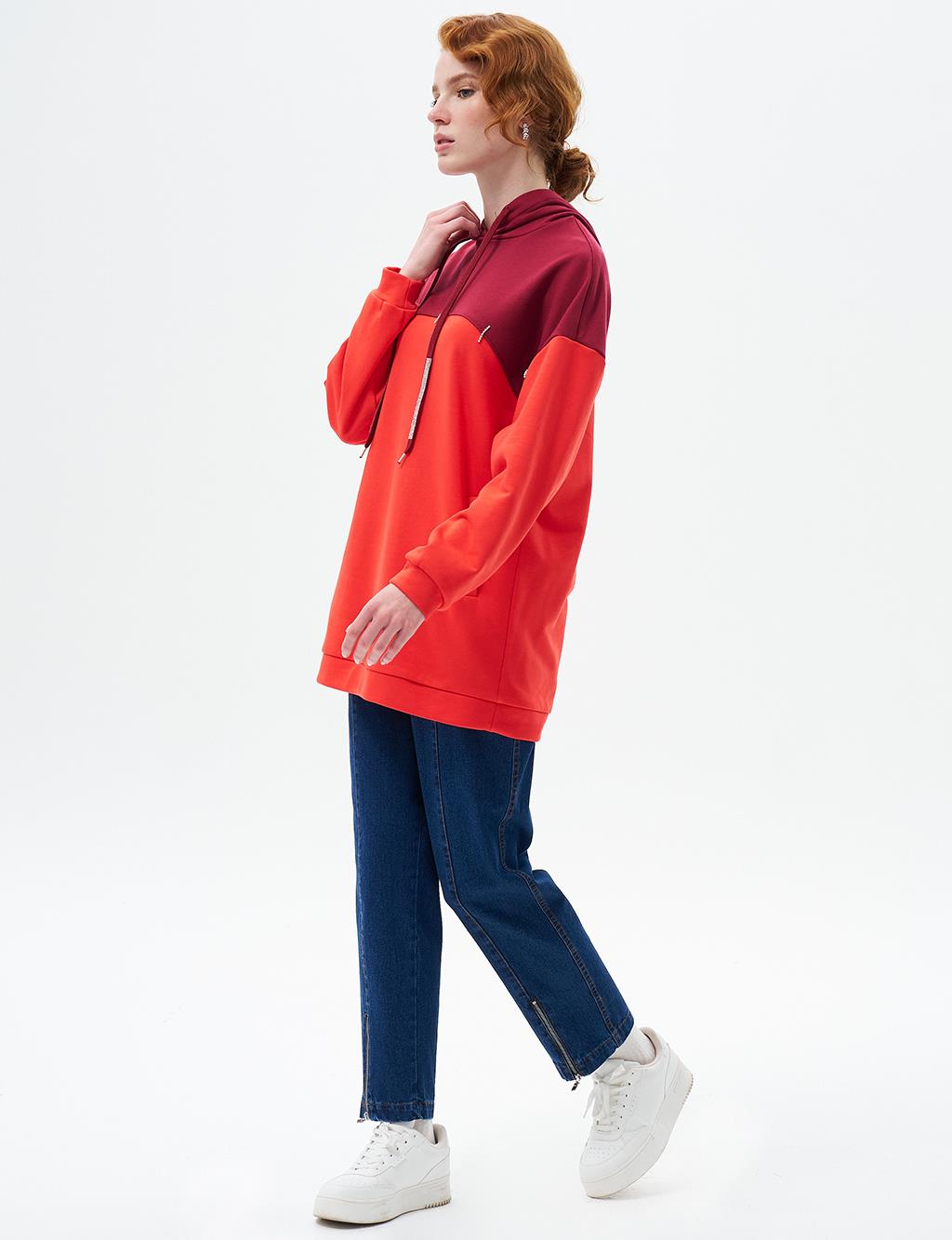 Kumaş Garnili Üç İplik Sweatshirt Kırmızı 