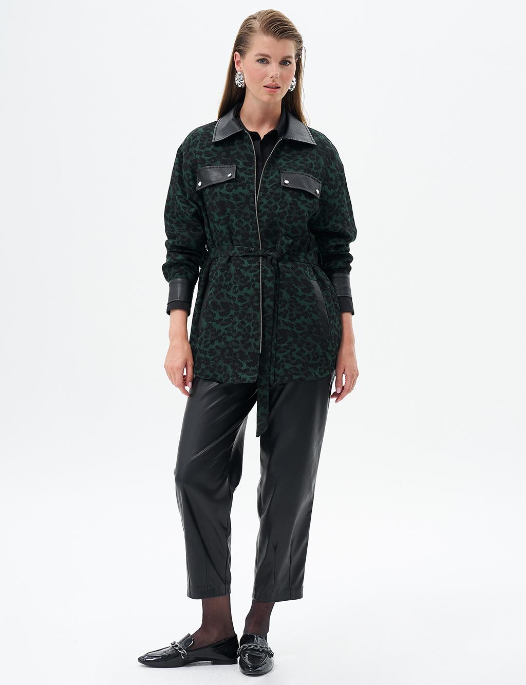 Leopard Print Belted Jacket Green
