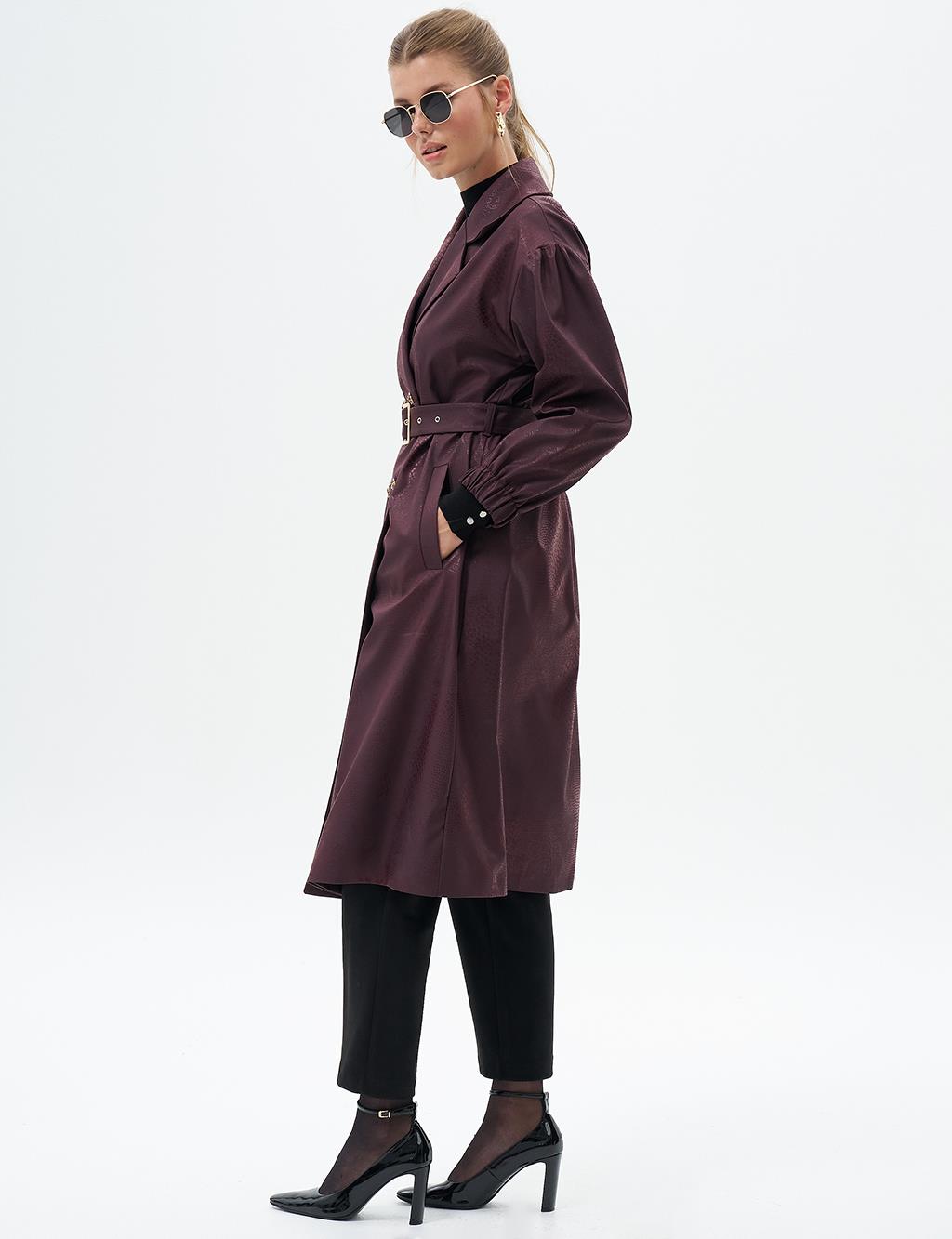 Gold Button Detailed Cape with Gathered Wrists Dark Burgundy