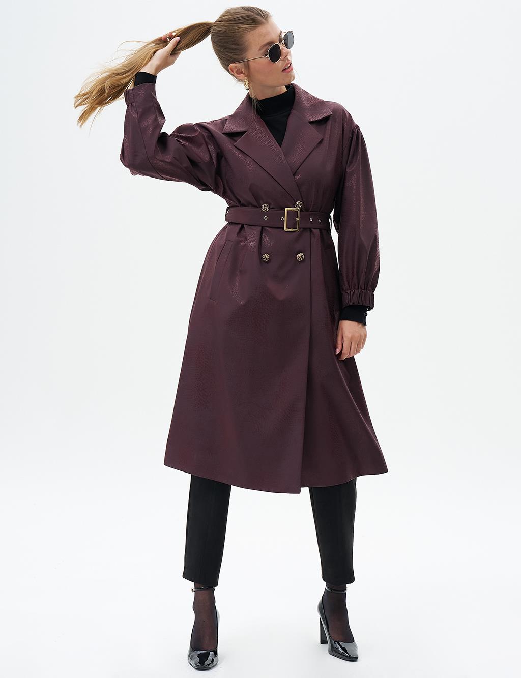 Gold Button Detailed Cape with Gathered Wrists Dark Burgundy