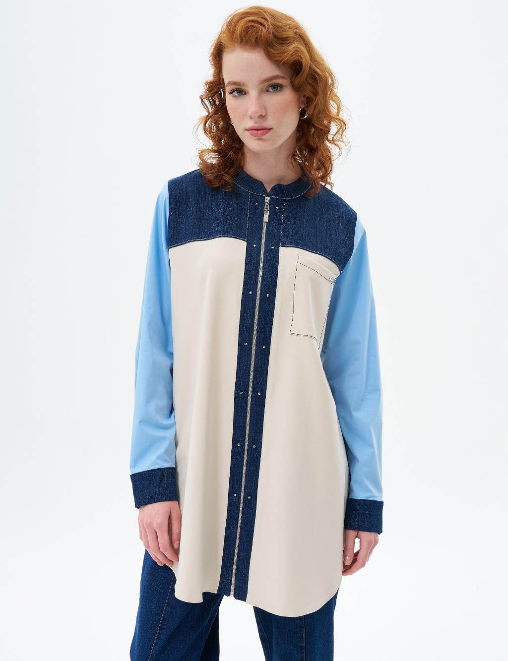 Color Block Zipper Closure Tunic Cream
