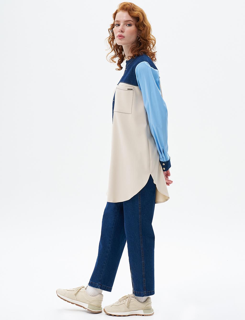 Color Block Zipper Closure Tunic Cream