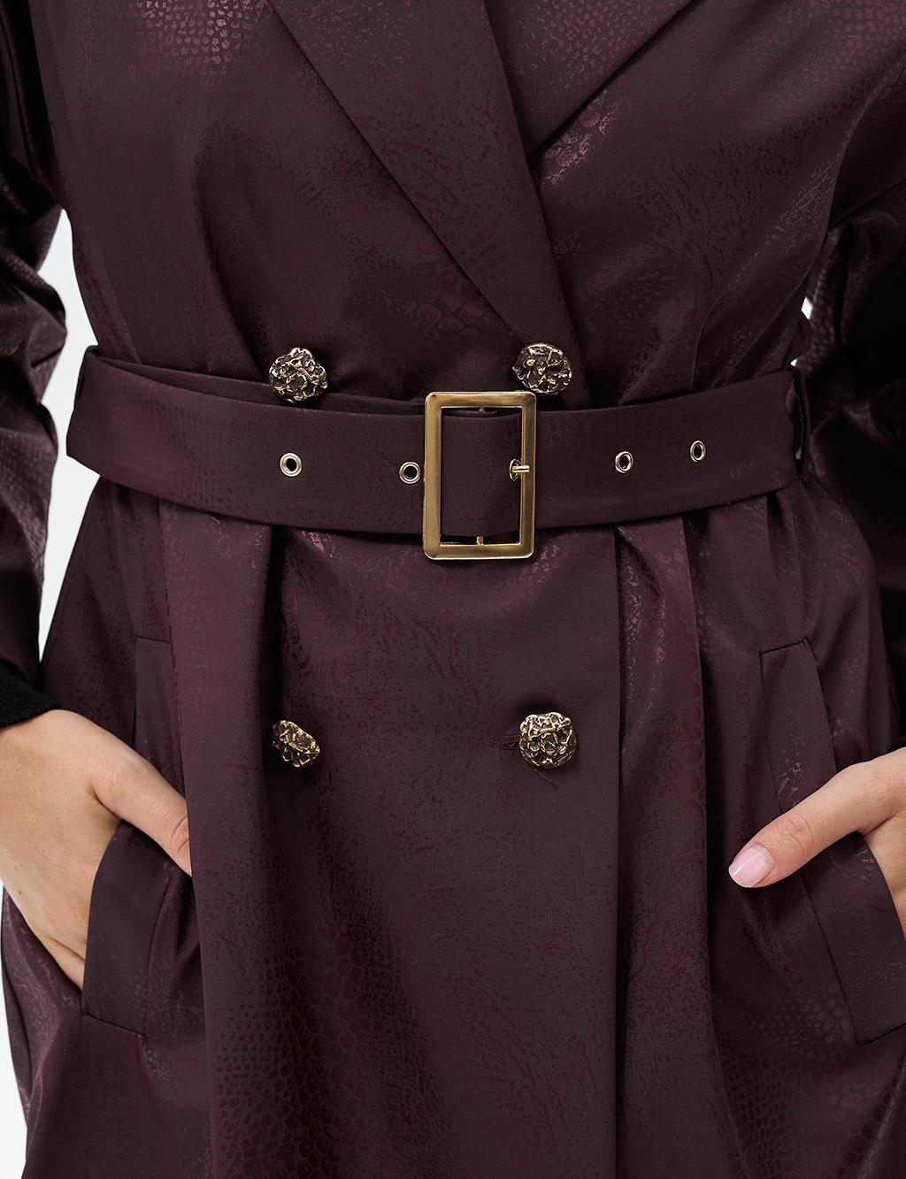 Gold Button Detailed Cape with Gathered Wrists Dark Burgundy