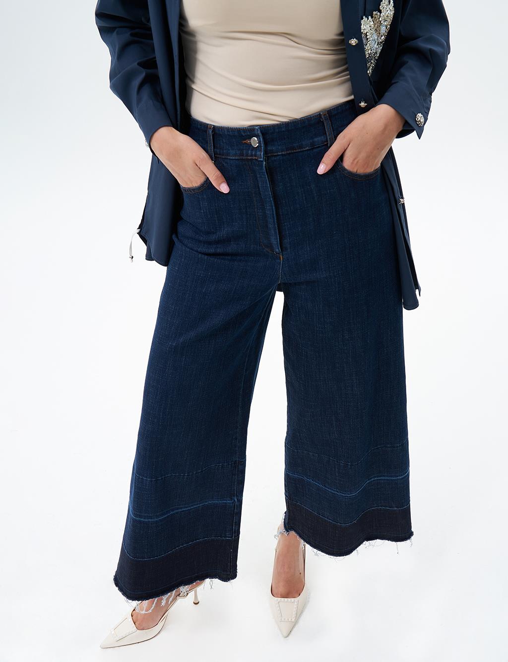 Denim Pants with Distressed Legs Navy Blue
