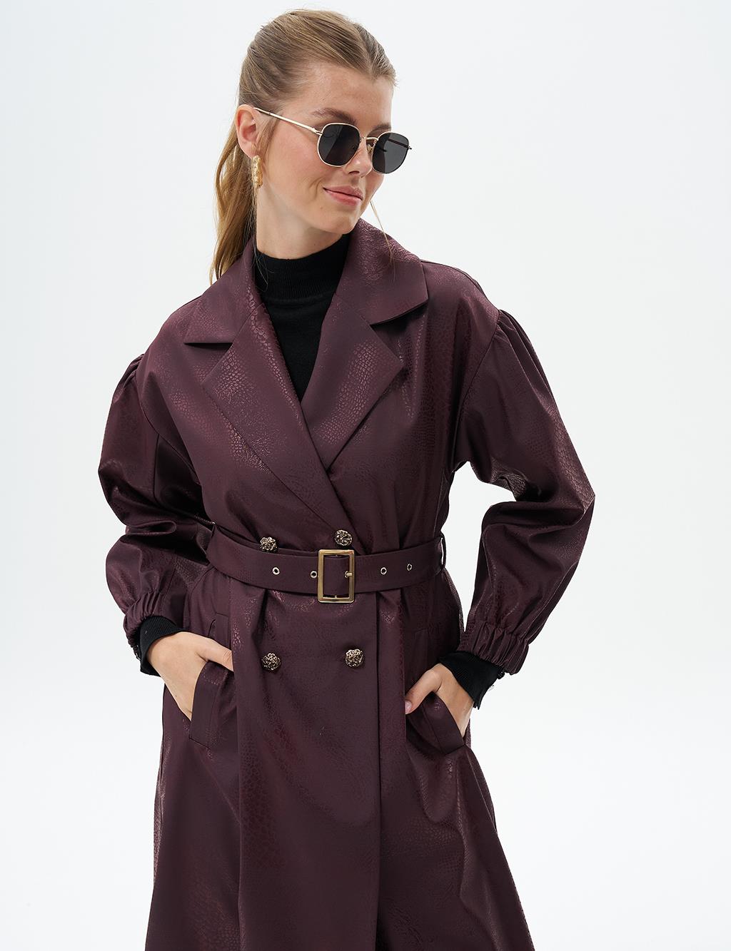 Gold Button Detailed Cape with Gathered Wrists Dark Burgundy