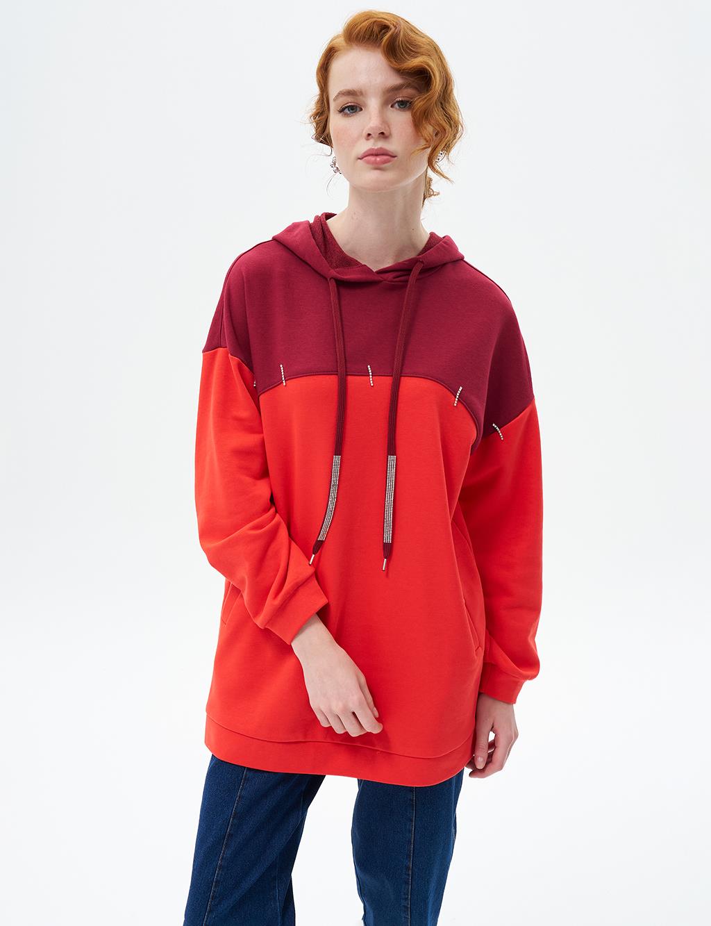 Kumaş Garnili Üç İplik Sweatshirt Kırmızı 