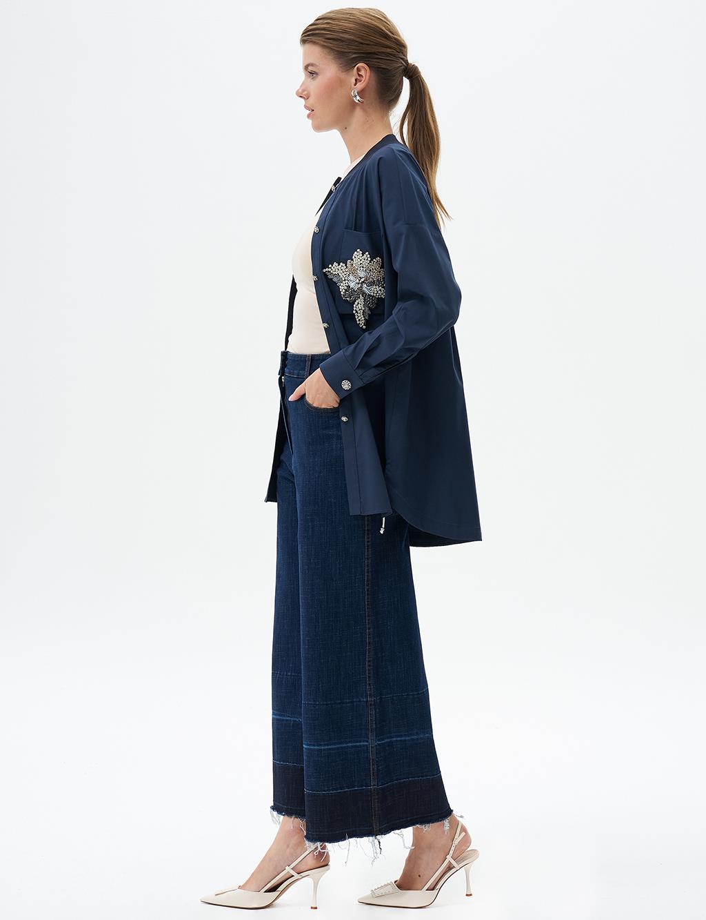 Denim Pants with Distressed Legs Navy Blue