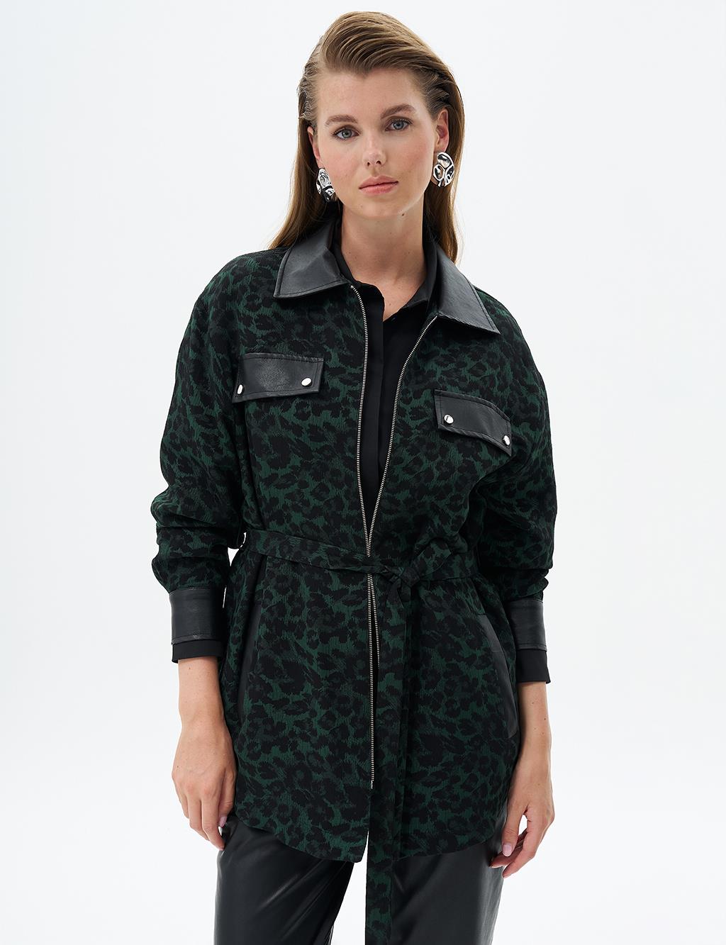 Leopard Print Belted Jacket Green