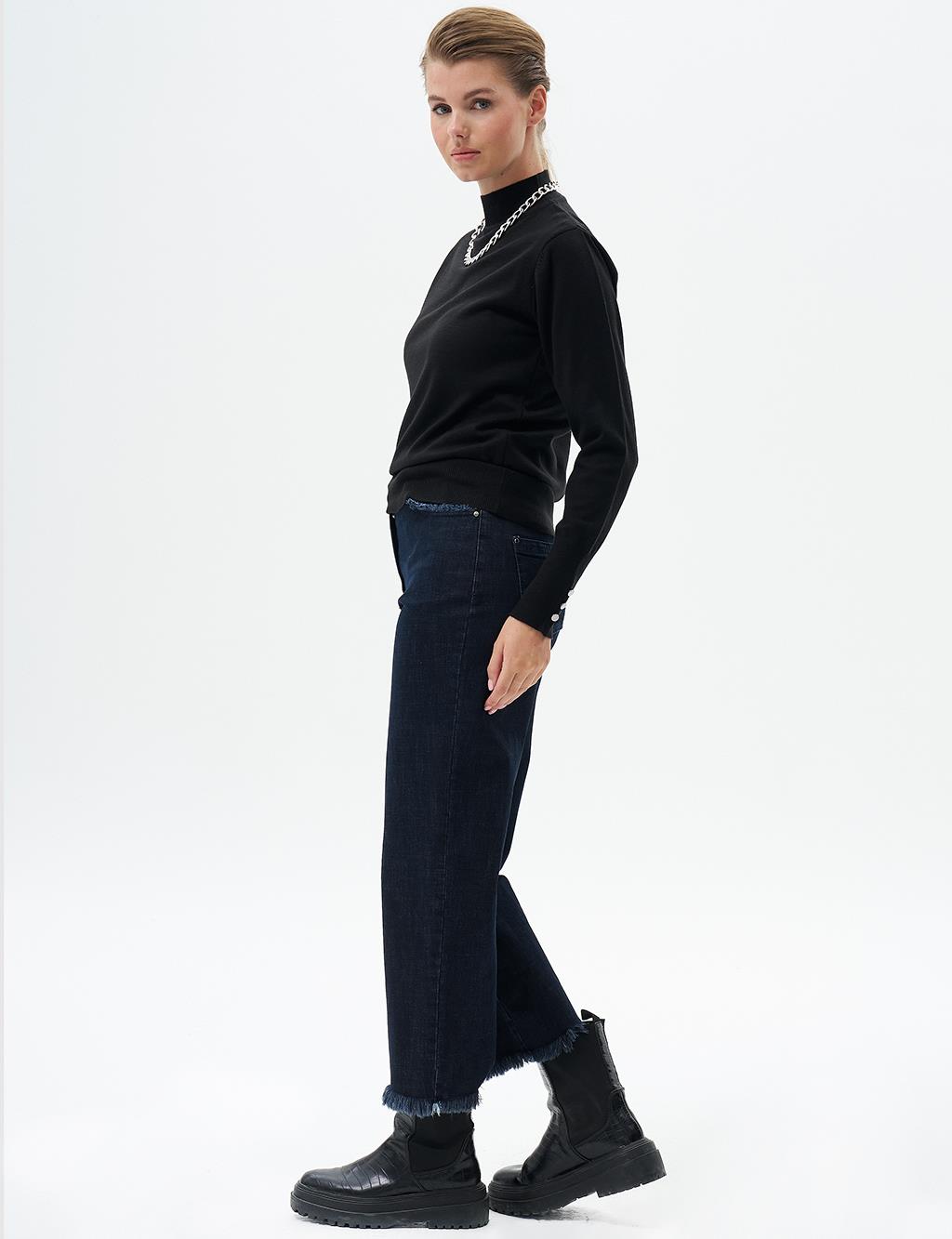 Fringed Denim Pants Navy Blue