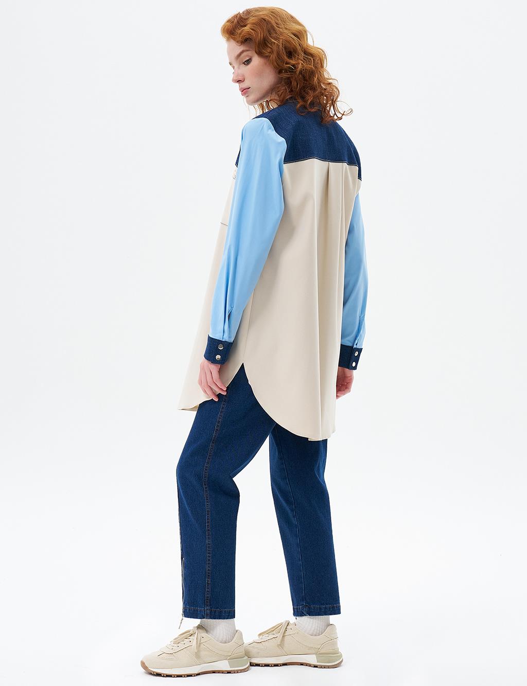 Color Block Zipper Closure Tunic Cream