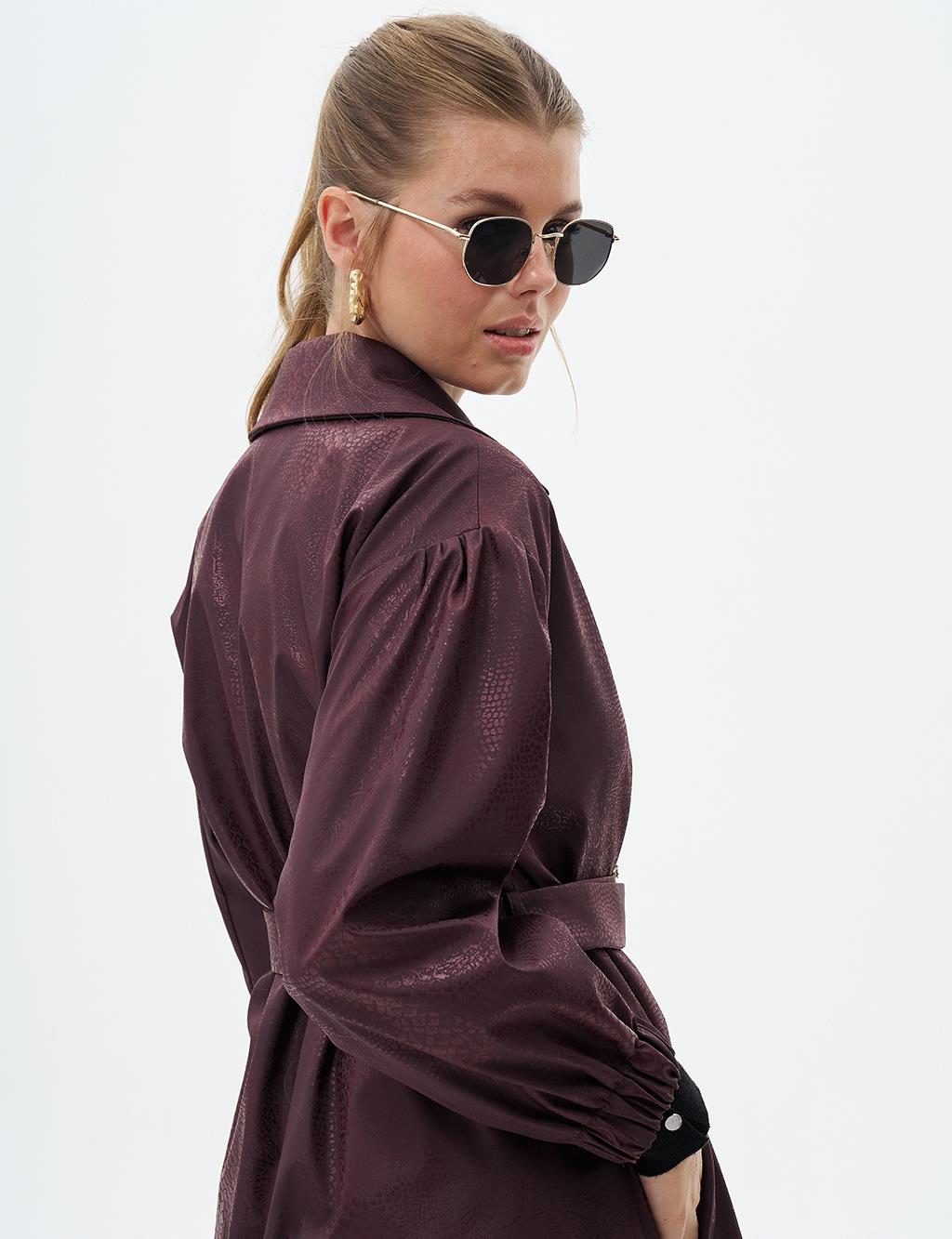 Gold Button Detailed Cape with Gathered Wrists Dark Burgundy