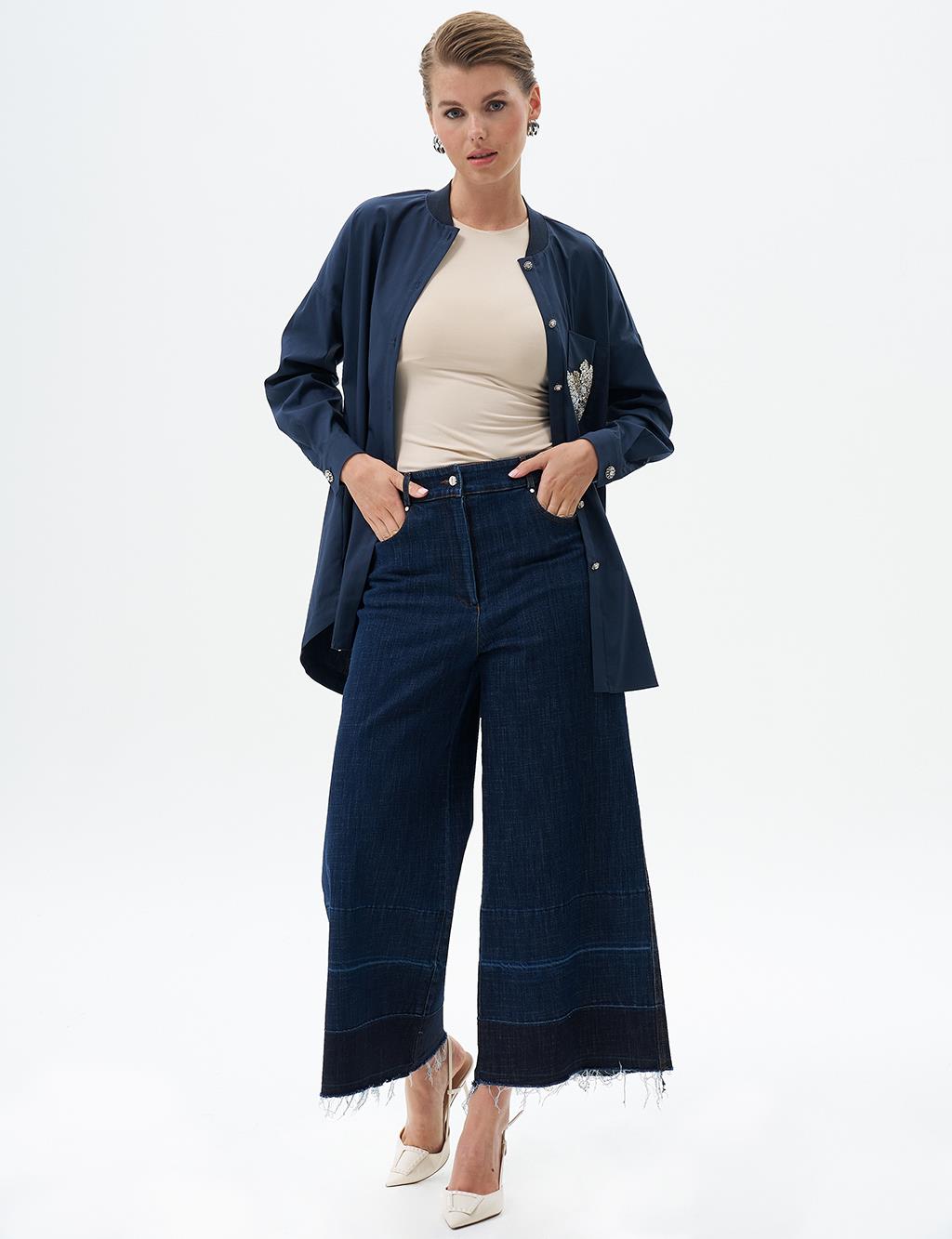 Denim Pants with Distressed Legs Navy Blue