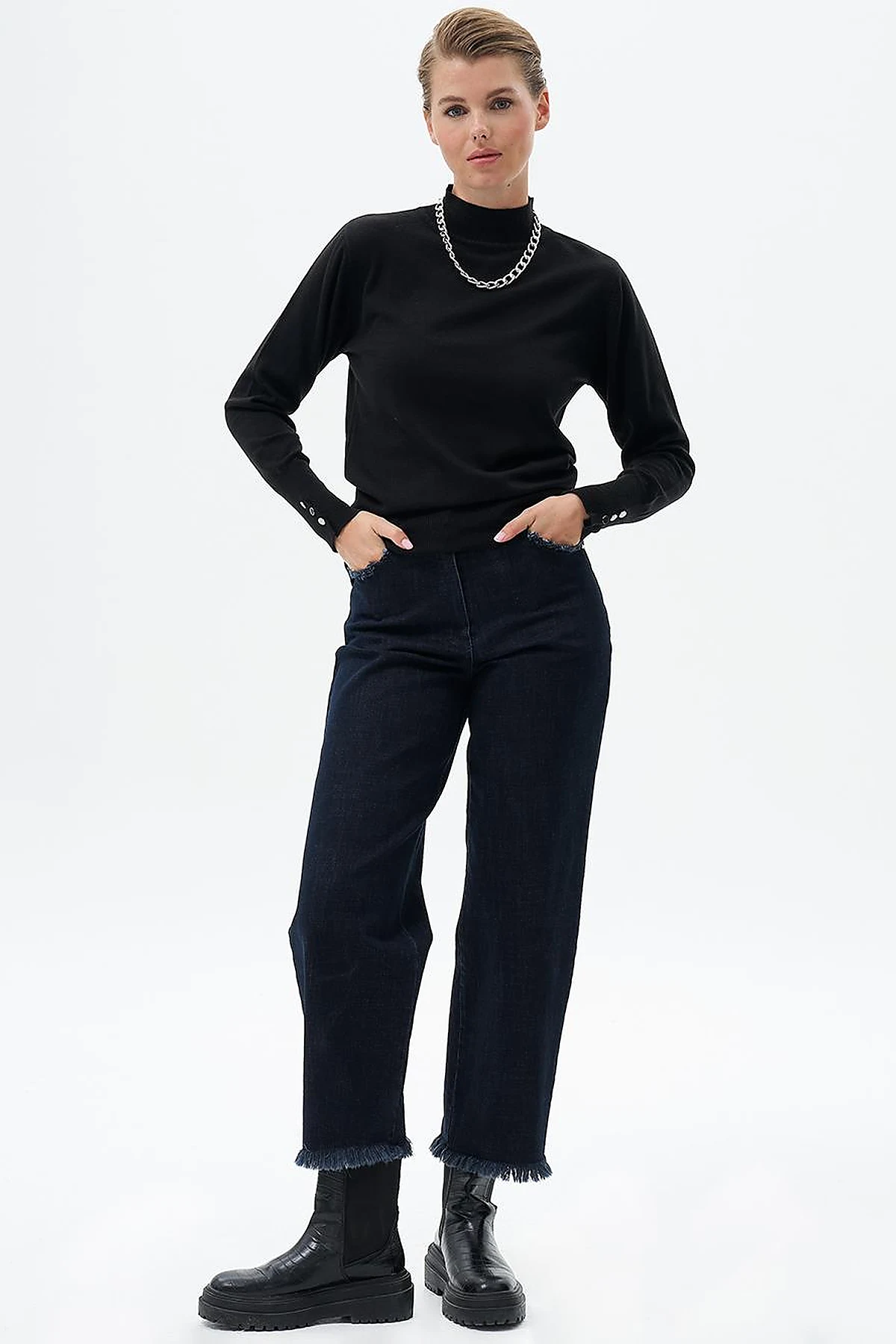 Fringed Denim Pants Navy Blue