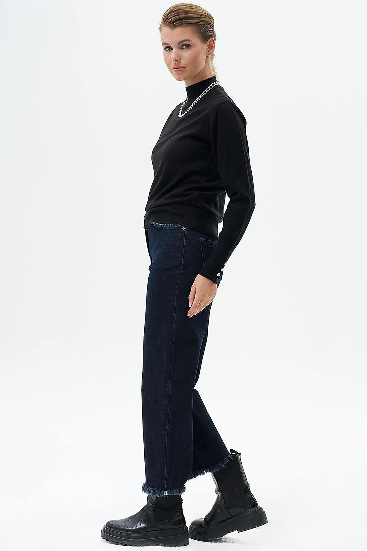 Fringed Denim Pants Navy Blue