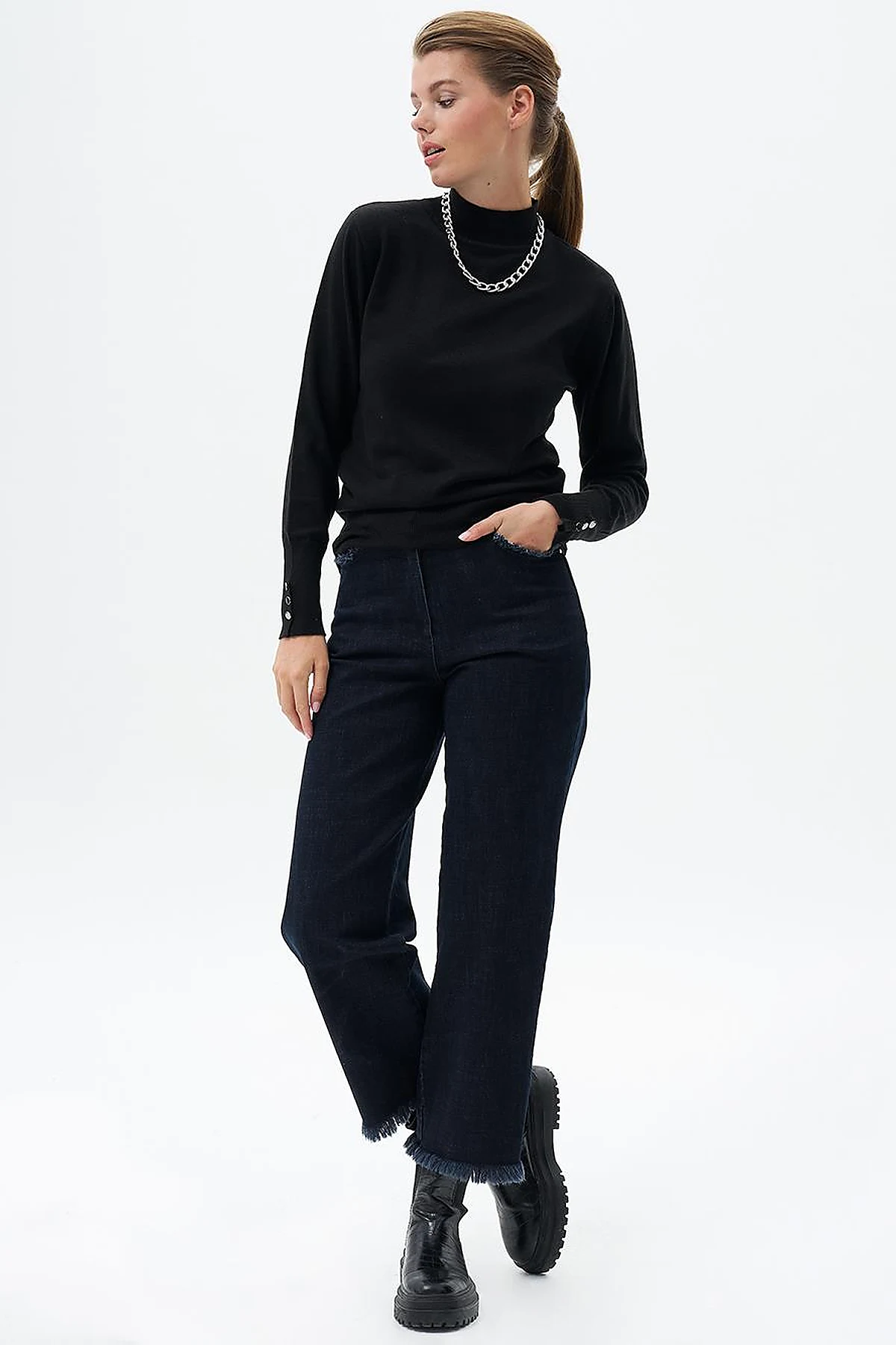 Fringed Denim Pants Navy Blue