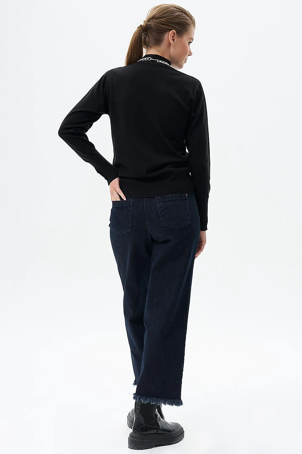 Fringed Denim Pants Navy Blue