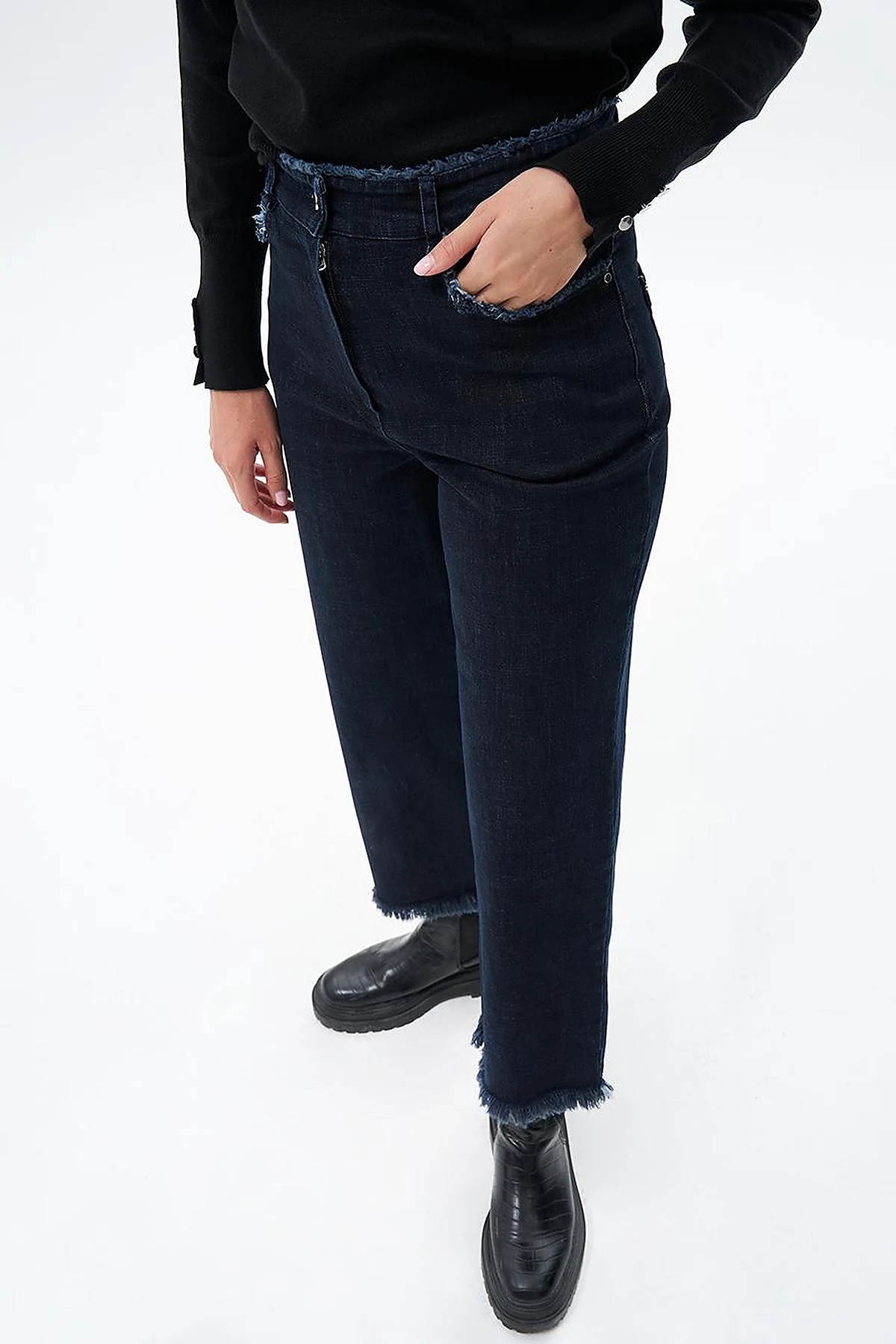 Fringed Denim Pants Navy Blue